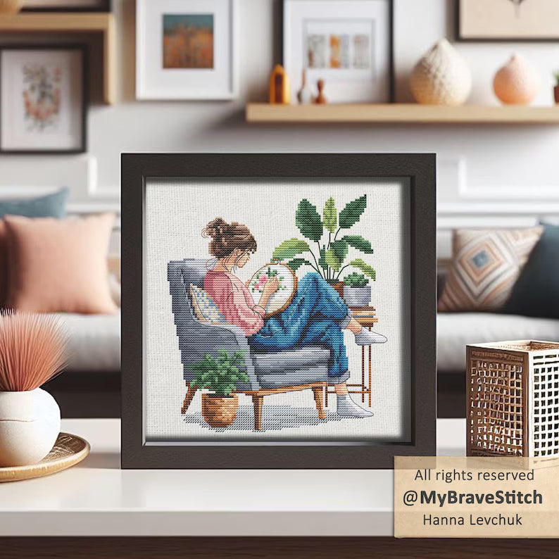 Girl Stitching Cross Stitch Pattern (PDF Digital Download)