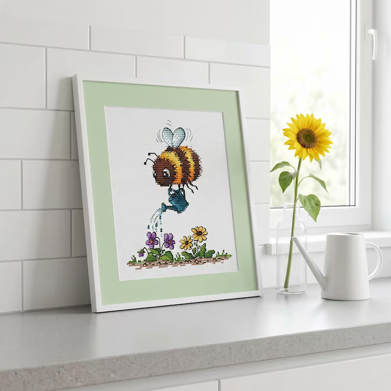Bee Cross Stitch Pattern PDF Bumblebee Watering Spring Garden Instant Download Digital File