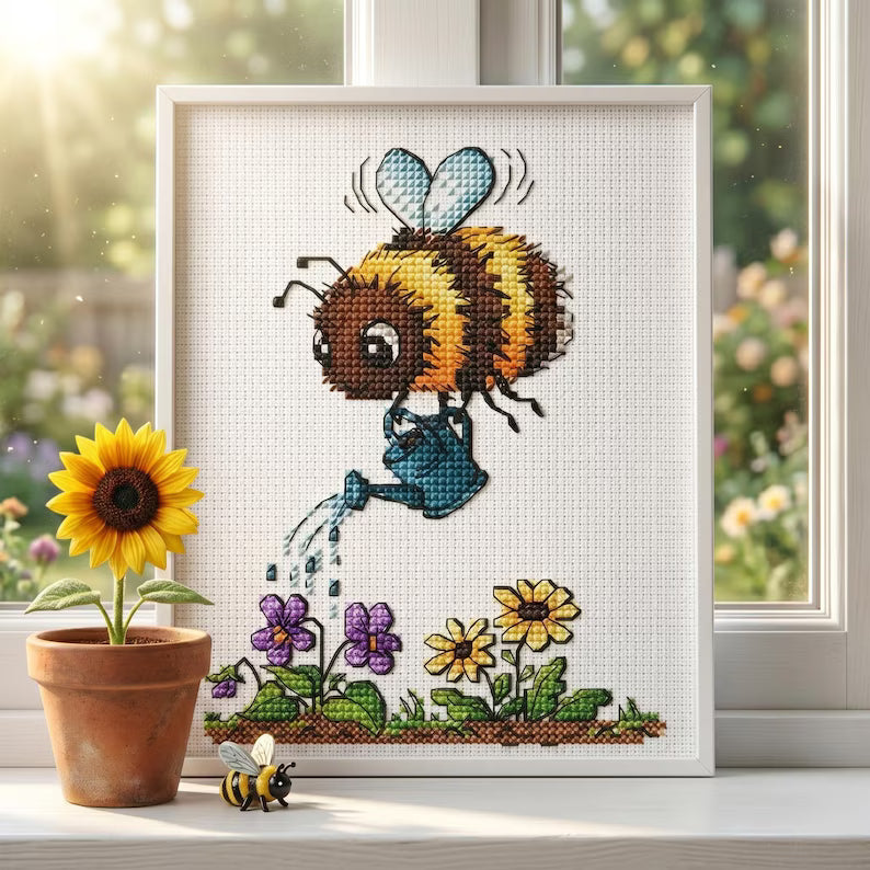 Bee Cross Stitch Pattern PDF Bumblebee Watering Spring Garden Instant Download Digital File