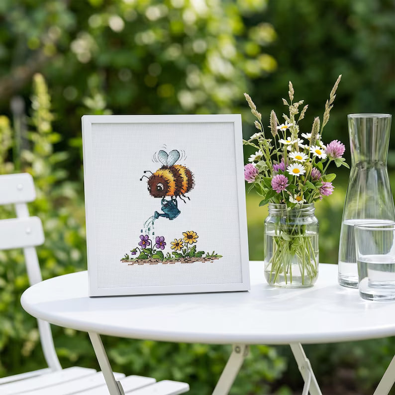 Bee Cross Stitch Pattern PDF Bumblebee Watering Spring Garden Instant Download Digital File