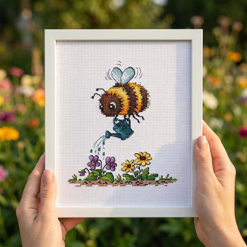 Bee Cross Stitch Pattern PDF Bumblebee Watering Spring Garden Instant Download Digital File