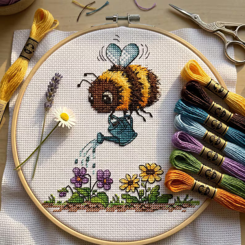 Bee Cross Stitch Pattern PDF Bumblebee Watering Spring Garden Instant Download Digital File